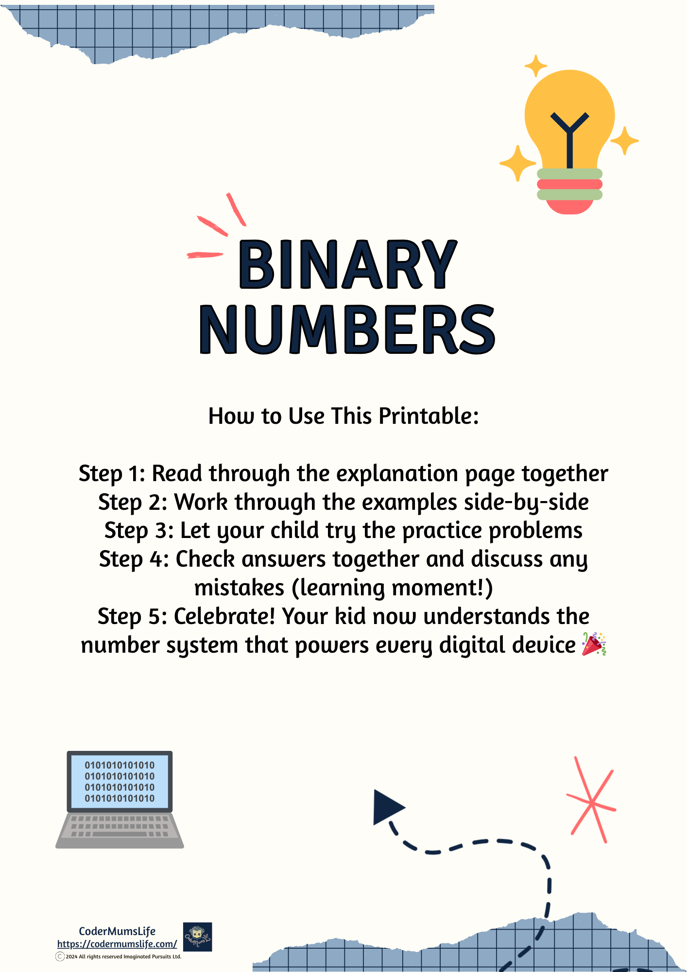 Free Binary Number Worksheet for Kids: Learn Decimal to Binary Conversion Without a Computer (Ages 6-10)